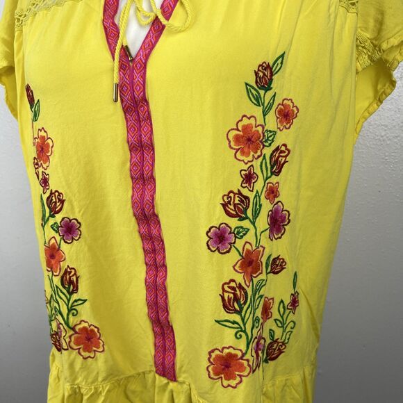 The Pioneer Woman Blouse Women Extra Large Yellow Pink Floral Embroider Boho Top - Picture 9 of 13